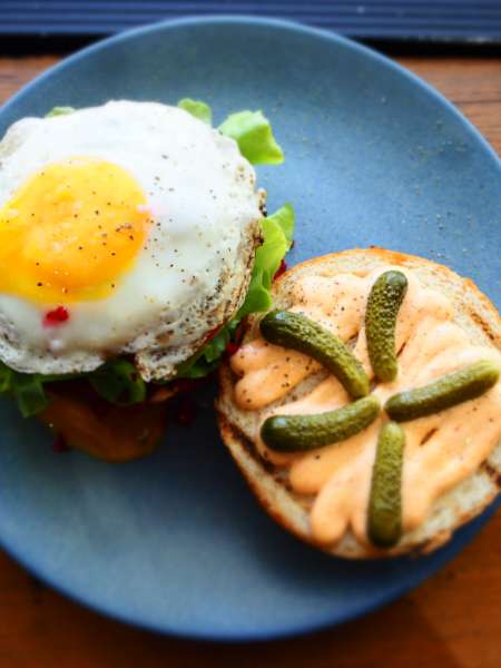 Fried egg and pickle sandwich mobile